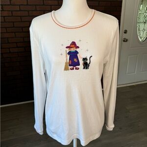 Studio Treat Halloween‎ Witch Shirt Medium White Embroidered Cat Fall Top